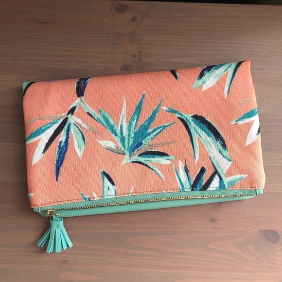 Rachel Pally Reversible Palm Print Turquoise Faux Leather Foldover Clutch - Picture 1 of 9